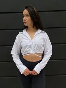 Camisa Feminina Branca  Alfaiataria 100% Algodão Cropped Fresquinha Leve Curta Top Manga Longa Amarração Blusa Casual Chique Social Outono Inverno Primavera Verão Moda Gringa Aesthetic Old Money