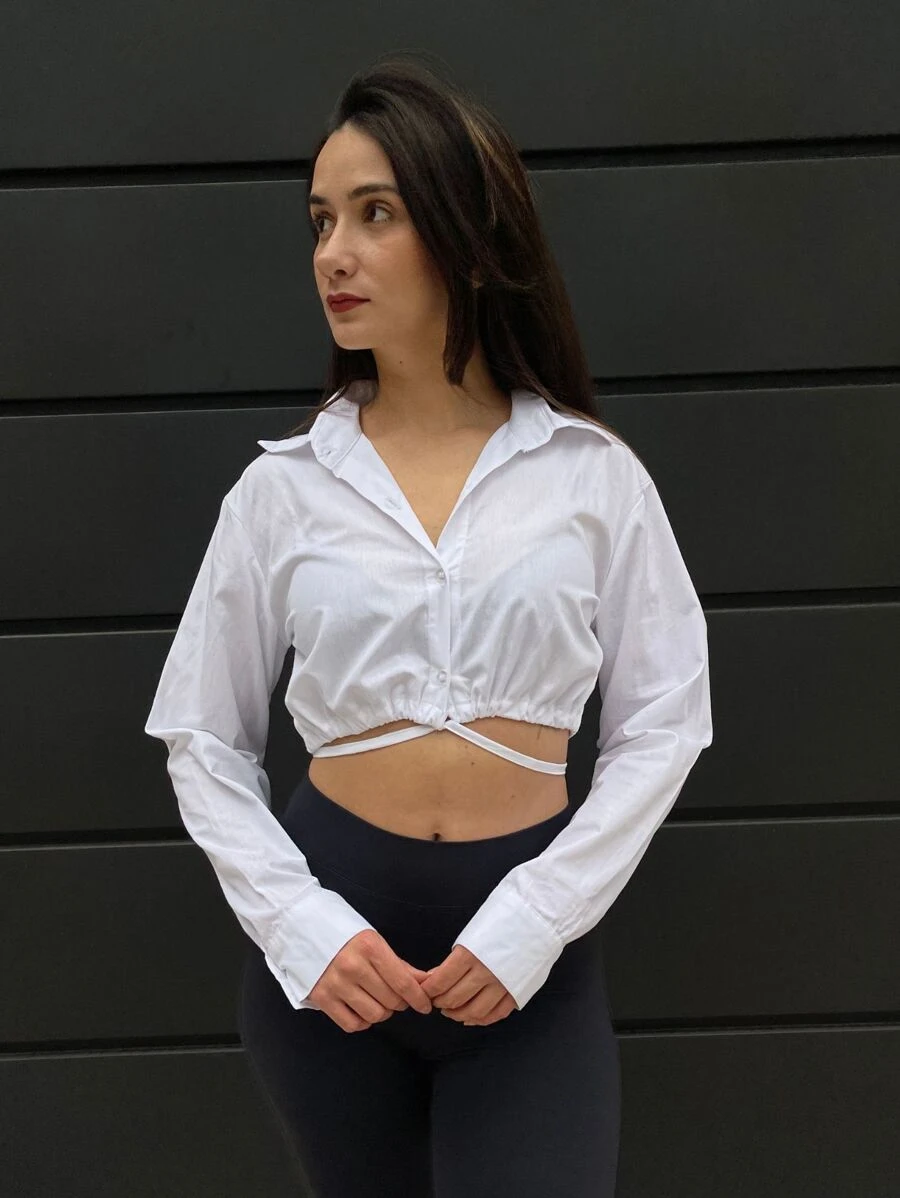 Camisa Feminina Branca  Alfaiataria 100% Algodão Cropped Fresquinha Leve Curta Top Manga Longa Amarração Blusa Casual Chique Social Outono Inverno Primavera Verão Moda Gringa Aesthetic Old Money