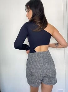 Body Assimétrico Manga Longa Bodysuit Lado Cropped E Lado Manga Top Enrolado Torcido Duplo Look Festival Ano Novo UV+50