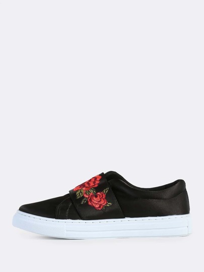 Satin Velcro Strap Floral Embroidered Sneakers BLACK