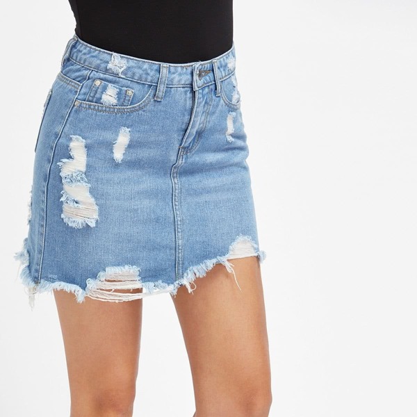 

Light Wash 5 Pocket Distressed Denim Skirt, Blue