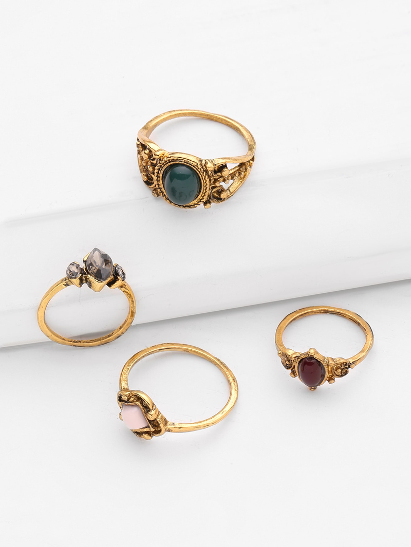 

Gemstone Design Retro Ring Set 4pcs, Green