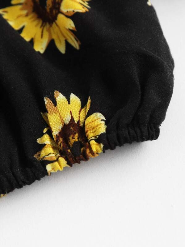 

Bardot Sunflower Print Crop Top With Pom Pom Shorts