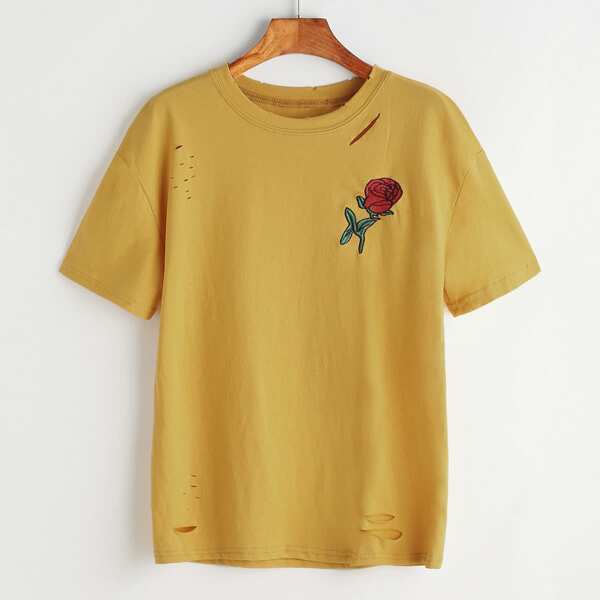 

Rose Embroidered Slashed T-shirt, Mustard yellow