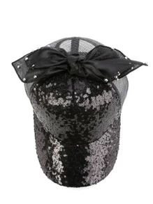 蝴蝶結裝飾亮片棒球帽 - 黑色 - 查看 2