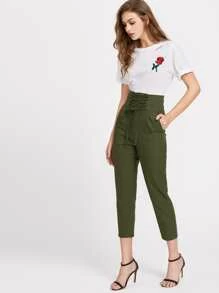 Pantalones tobilleros de talle alto efecto corsé - Verde militar - Ver 4