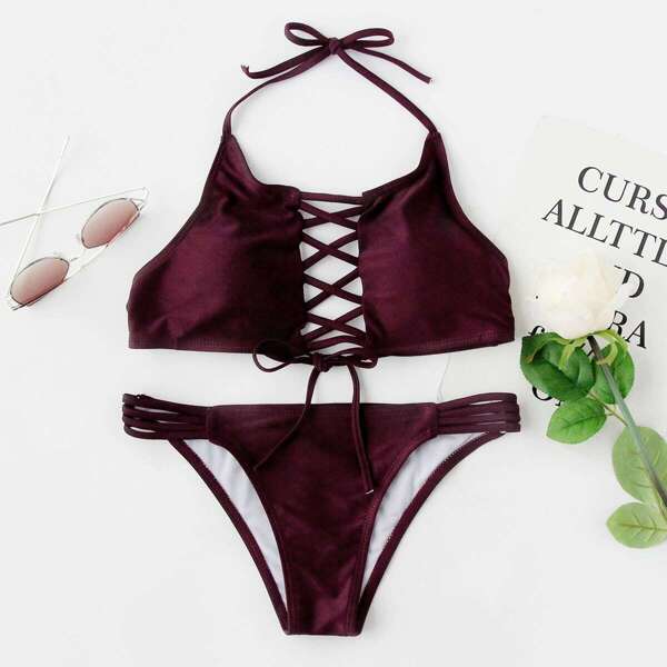 

Criss Cross Halter Top With Ladder Cut Out Bikini