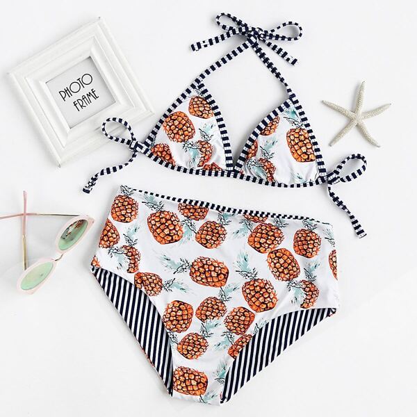 

Striped And Pineapple Print Self Tie Bikini Set
