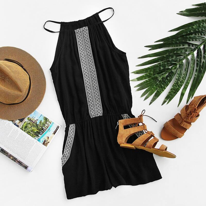 

Embroidered Tape Detail Romper, Black