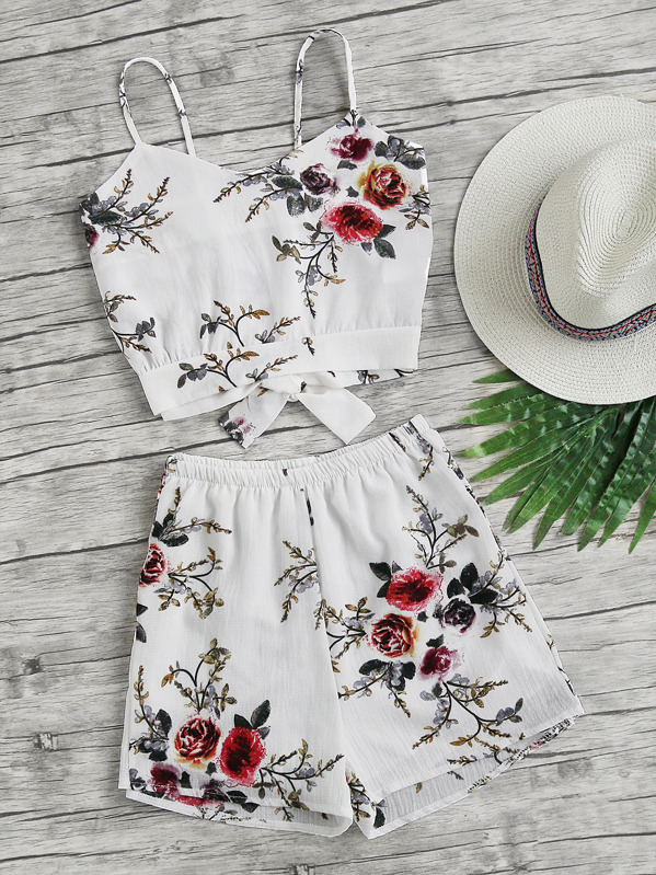 

Цветочная печать Случайный Split Bow Tie Back Cami Top с шортами, null