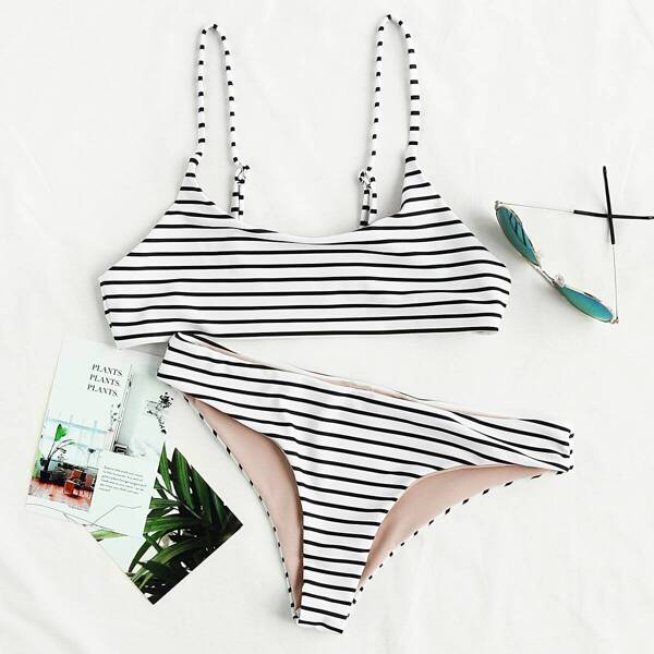 

Striped Thin Strap Top With High Leg Bikini Set, Black and white