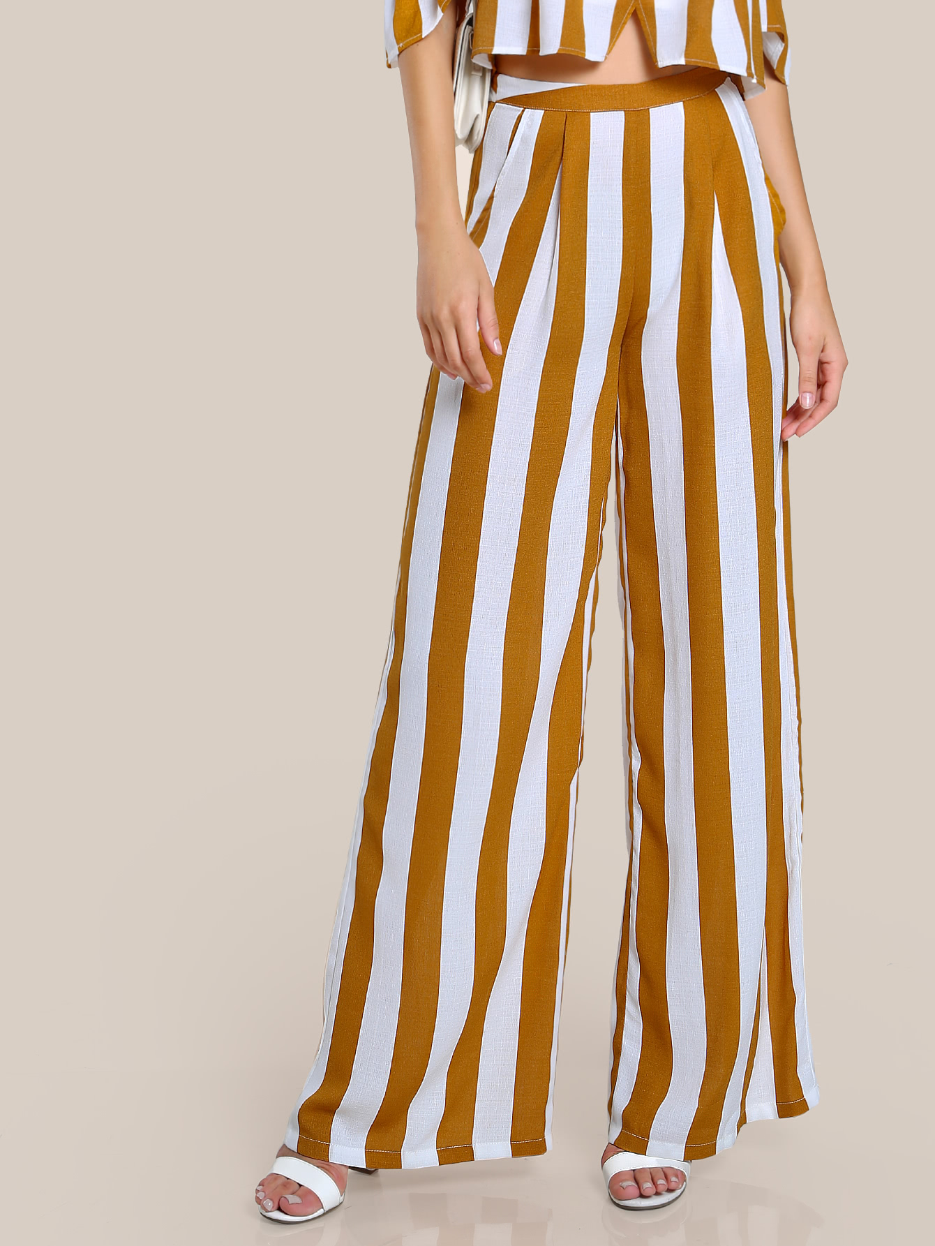 Happy Time-Women Two Pieces Stripe Strapless Crop Top and Wide Leg Palazzo Pants Outfits Black US XS