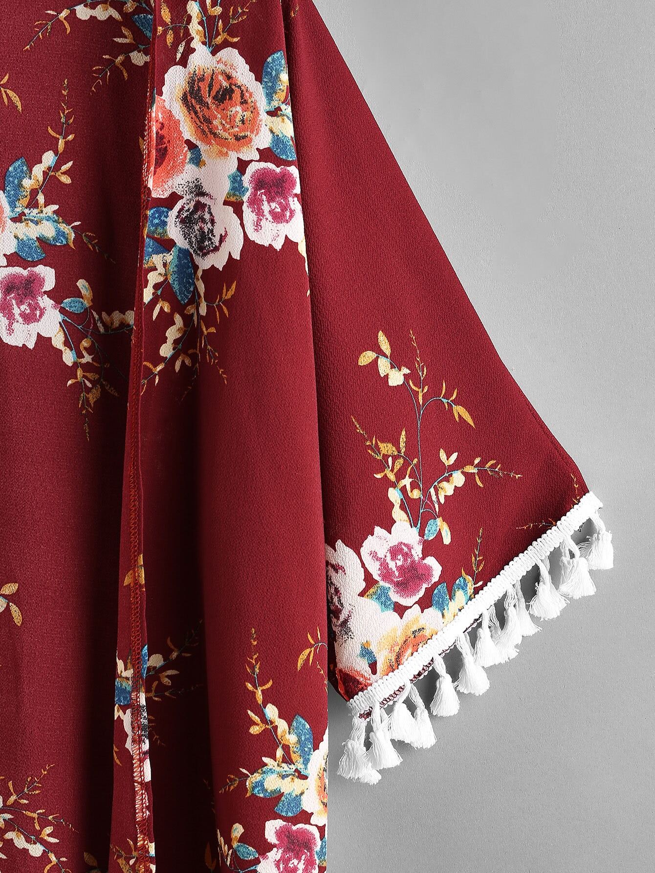 Floral Print Random Tassel Hem Kimono ROMWE