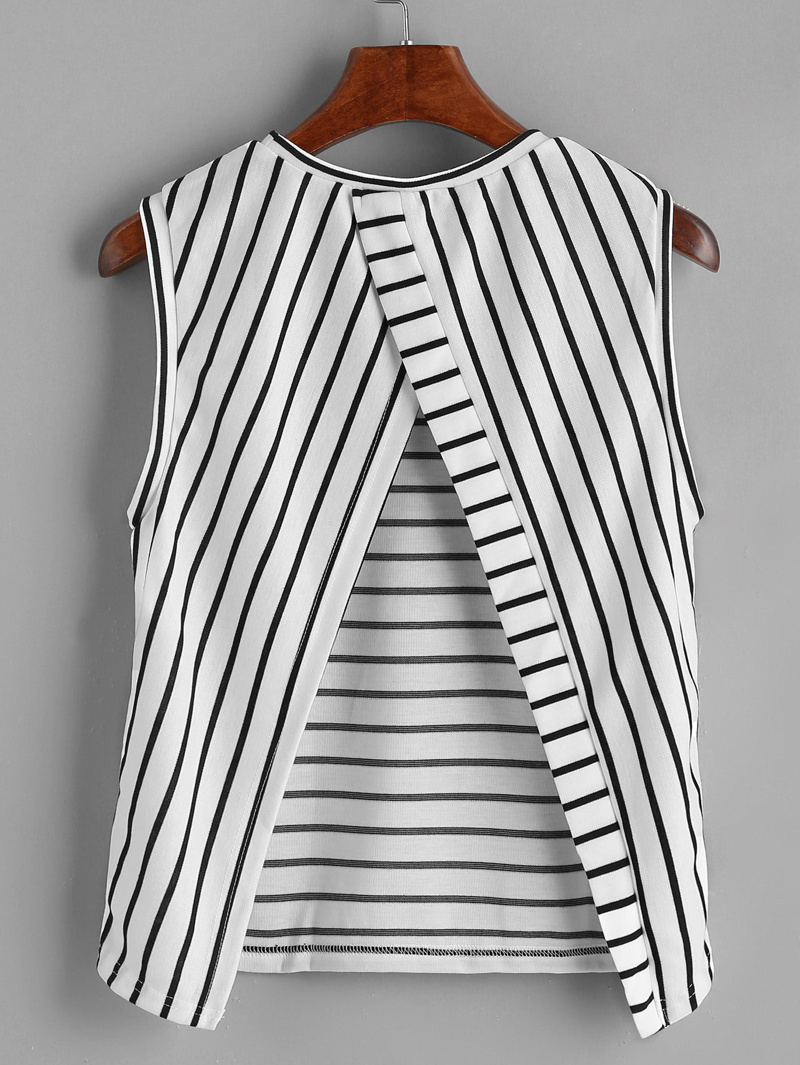 

Overlap Back Striped Tank Top, Black and white