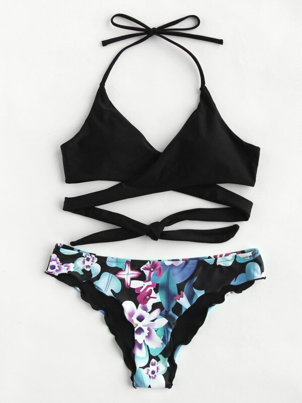 

Wrap Halter Top With Lettuce Edge Bikini Set, Multicolor