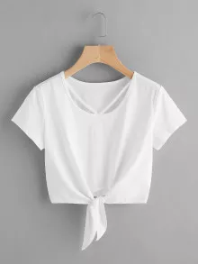 SHEIN V Strap Neck Knot Front Crop Tee - White - View 1