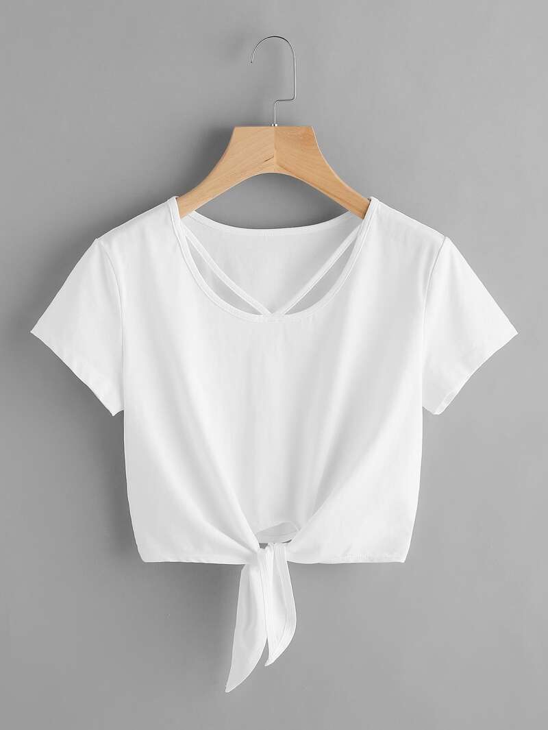 

V Strap Neck Knot Front Crop Tee, White