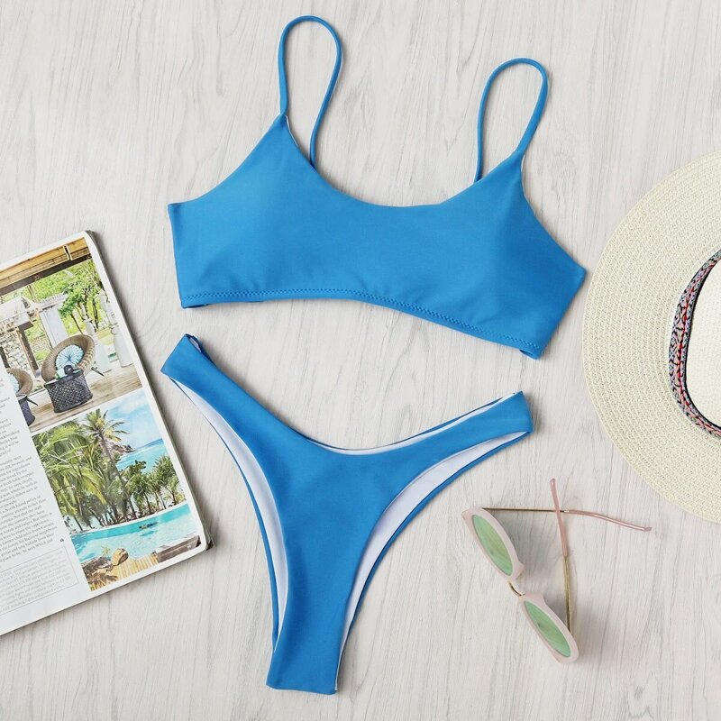 

Spaghetti Strap High Leg Bikini Set, Blue