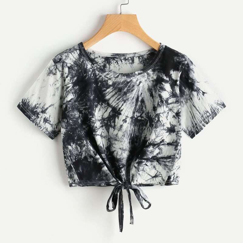 

Tie Dye Knot Front Crop Tee, Black and white