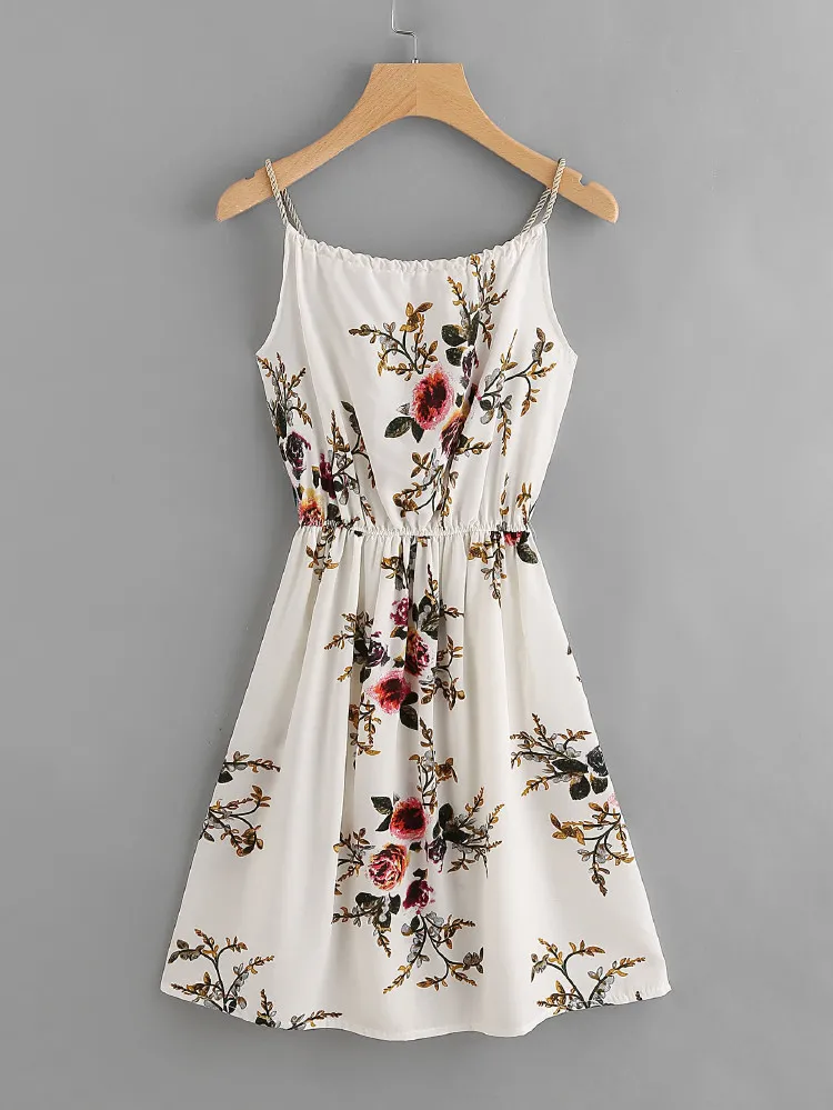 Vestido de tirante trenzado con diseño de perla con estampado floral - Blanco - Ver 1