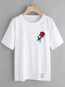 Rose Embroidered Ripped Tee - White - View 1