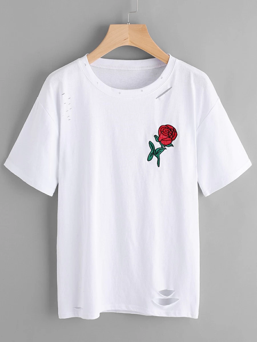 Rose Embroidered Ripped Tee - White - View 1