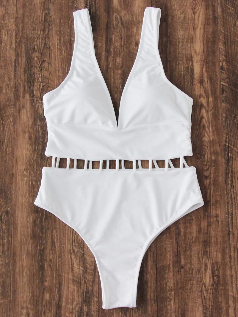 

Deep V Neck Ladder Strap Swimsuit, White