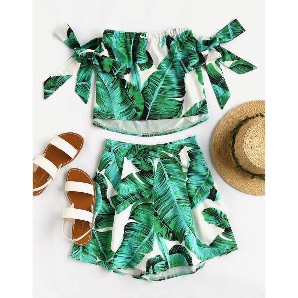 

Bardot Sash Tie Sleeve Random Crop Top With Shorts