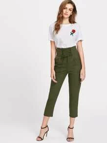 Pantalones tobilleros de talle alto efecto corsé - Verde militar - Ver 3