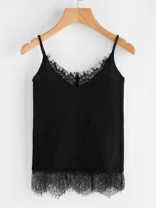 Eyelash Lace Trim Jersey Cami Top - Black - View 1