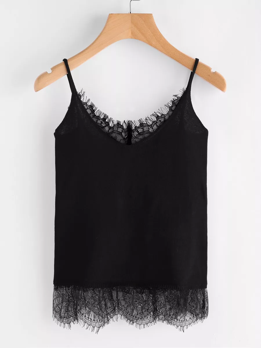 Eyelash Lace Trim Jersey Cami Top - Black - View 1
