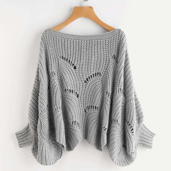 

Hollow Out Scallop Dolman Sweater, Grey