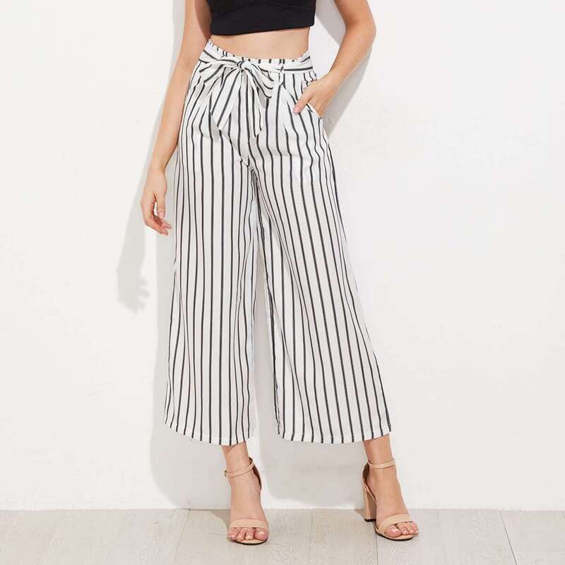

Vertical Striped Self Tie Wide Leg Pants, Black and white