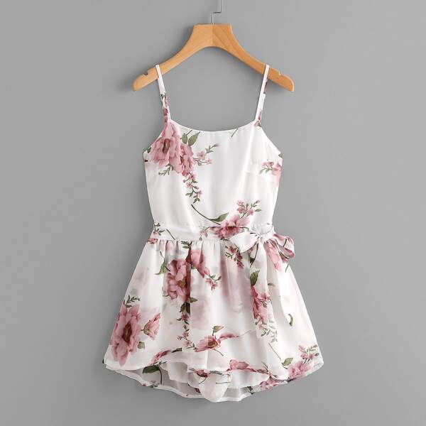 

Floral Print Random Knot Open Back Cami Romper, Multicolor