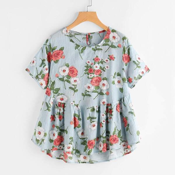 

Botanical Print Frill Hem Smock Blouse, Multicolor