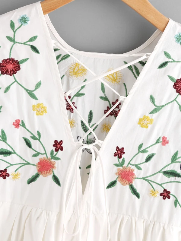 lace up back embroidered smock dress