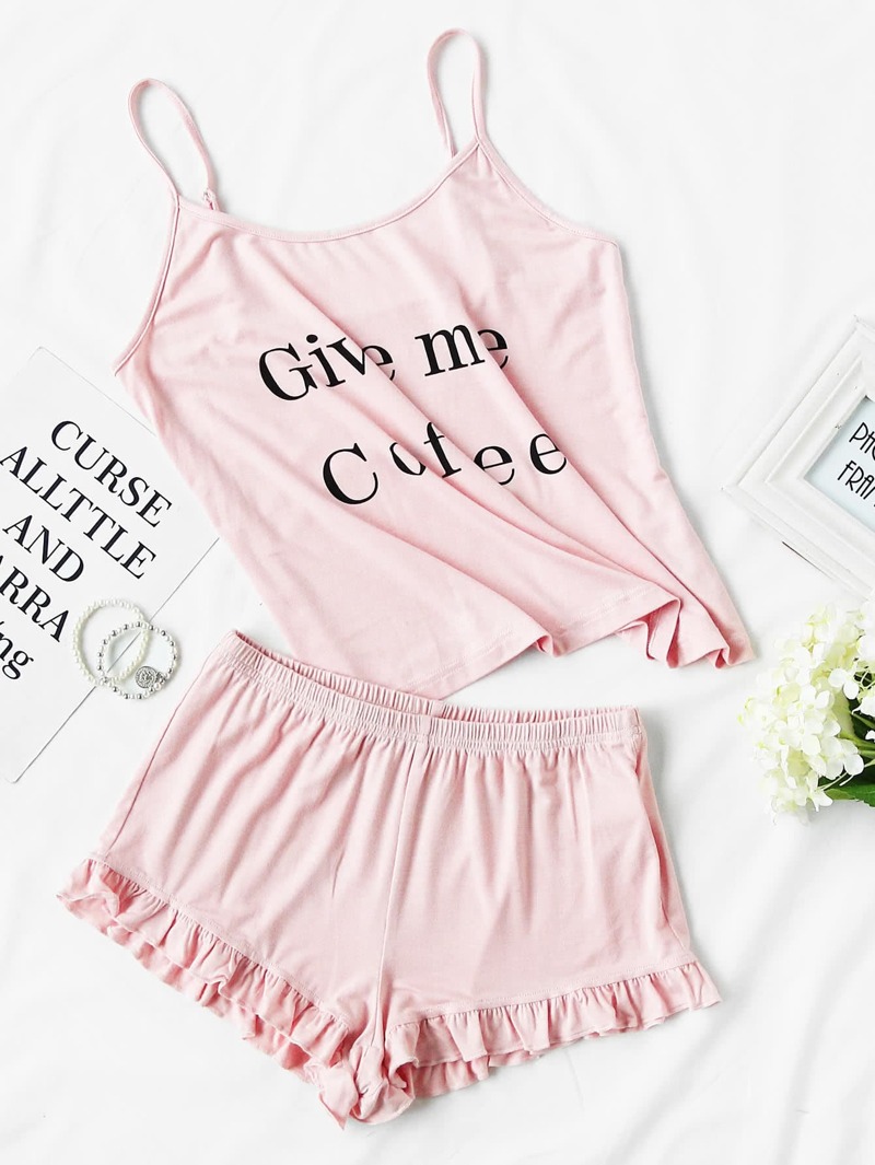 

Letter Print Cami And Ruffle Shorts Pajama Set, Pink