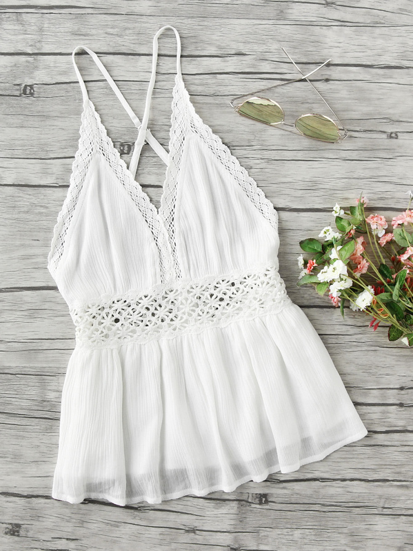 

Lace Trim Criss Cross Backless Pleated Cami Top, White