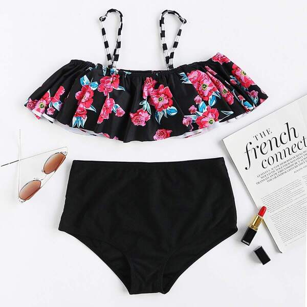 

Floral Pattern Flounce Top With High Waist Bikini, Black