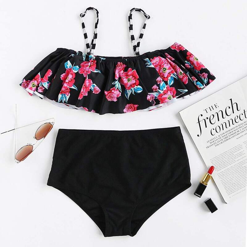 

Flower Pattern Flounce Top With High Waist Bikini, Black
