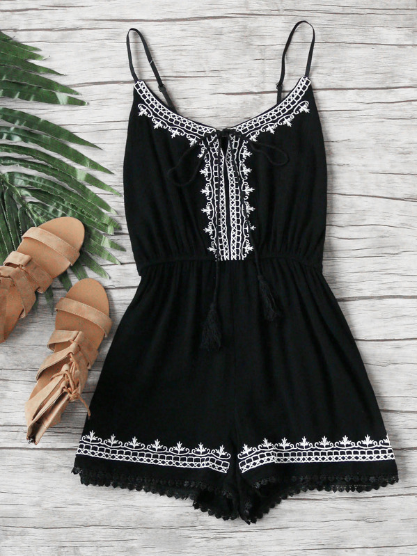 

Вышитые Trim Self Tie Плиссированные Cami Romper, null