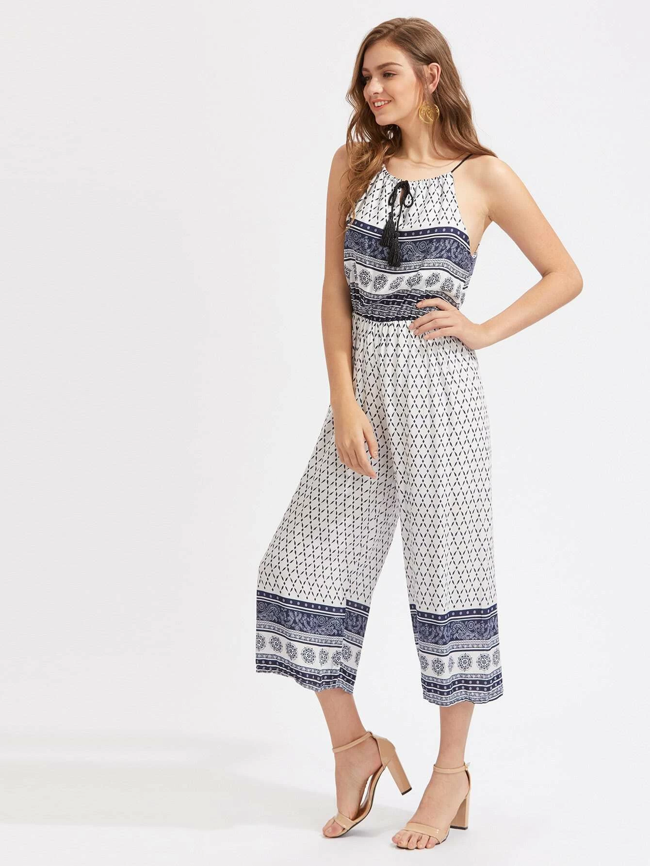 aztec print tie waist jumpsuit