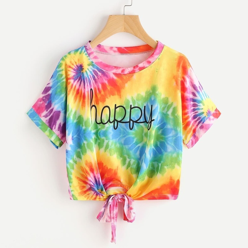 

Water Color Letter Print Knot Front Tee, Multicolor