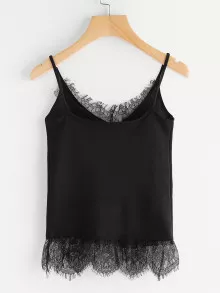 Eyelash Lace Trim Jersey Cami Top - Black - View 4