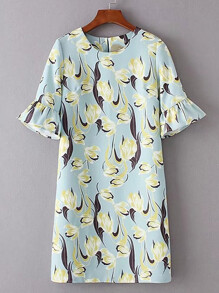Ruffle Cuff Flower Print Dress