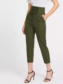Pantalones tobilleros de talle alto efecto corsé - Verde militar - Ver 1