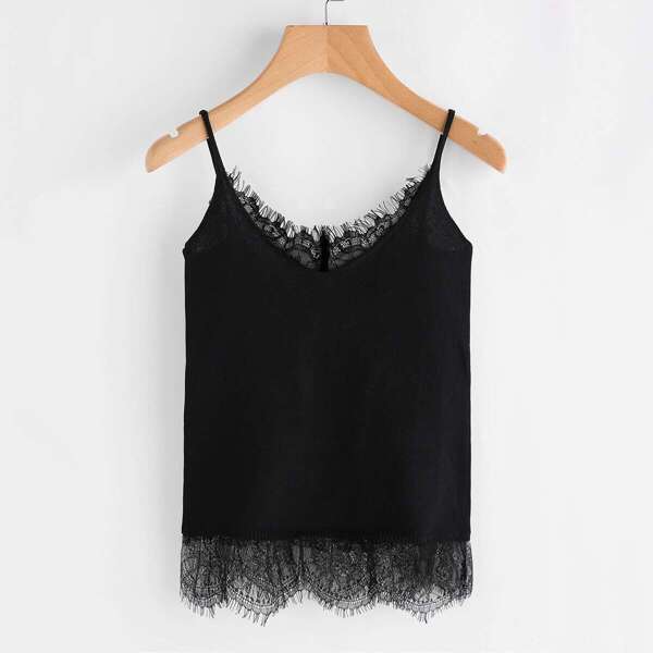 

Eyelash Lace Trim Jersey Cami Top, Black