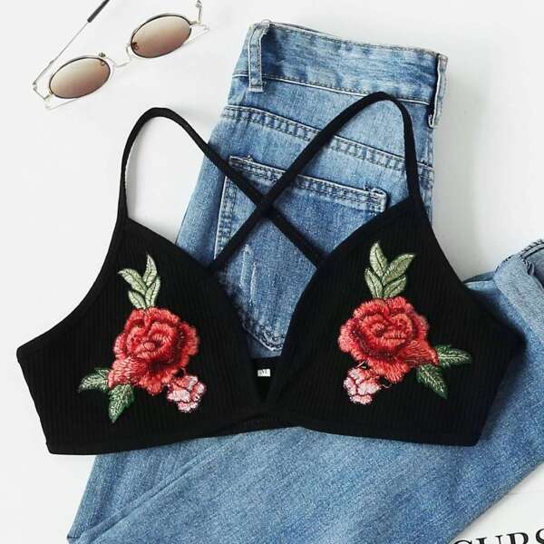 

Rose Applique Criss Cross Back Ribbed Bralette