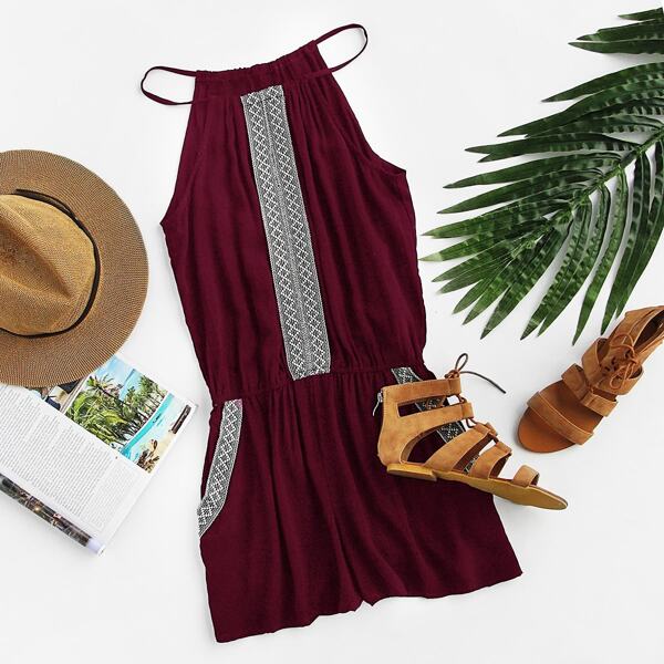 

Embroidered Tape Detail Cami Romper, Burgundy