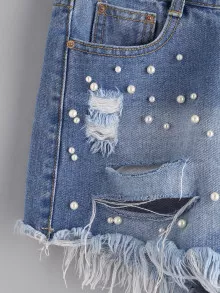 Shorts mezclilla desgastados con perlas - Azul - Ver 2